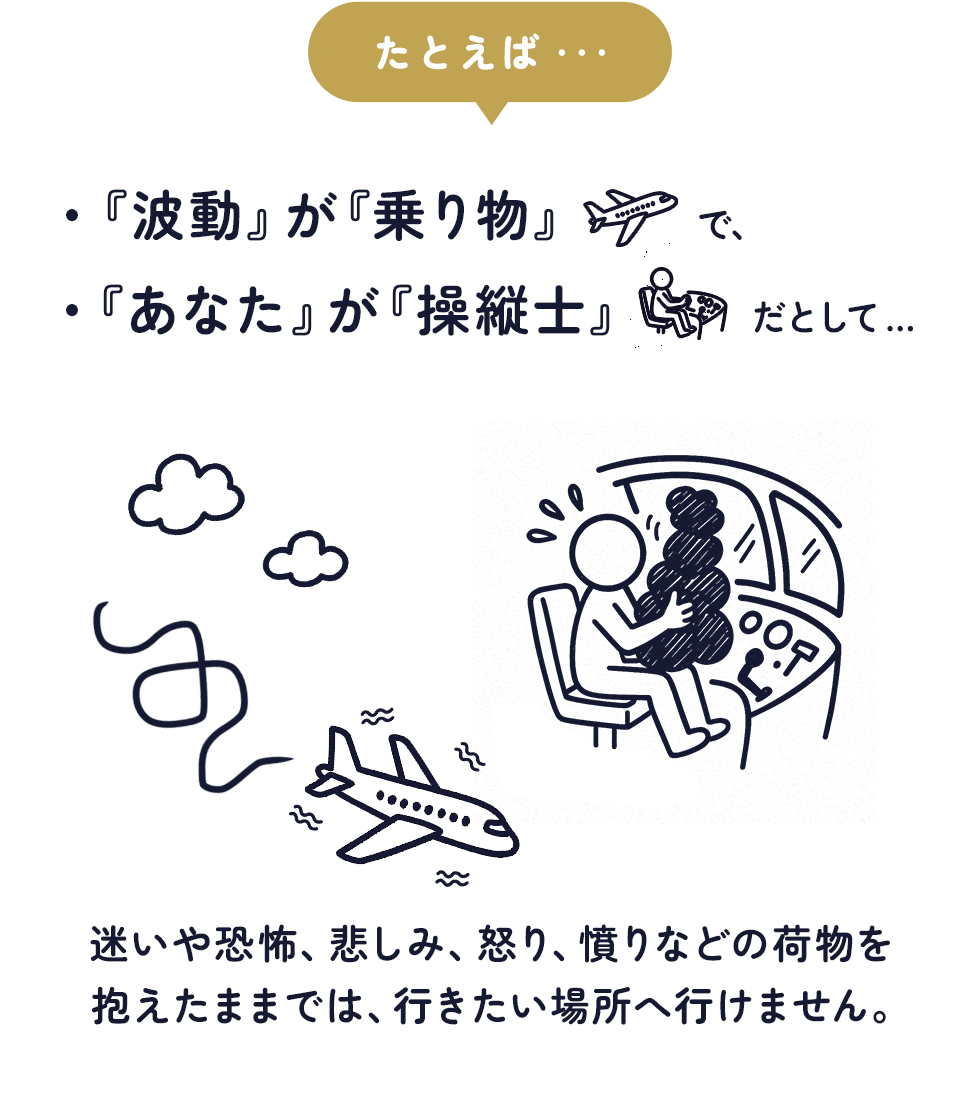 たとえば・『波動』が『乗り物』 ・『あなた』が『操縦士』だとして・・・迷いや恐怖、悲しみ、怒り、憤りなどの荷物を 抱えたままでは、行きたい場所へ行けません。